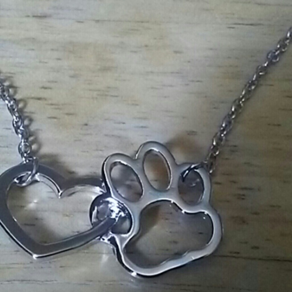 Silver Paw Print and Heart Pendant Necklace - Women's Jewelry